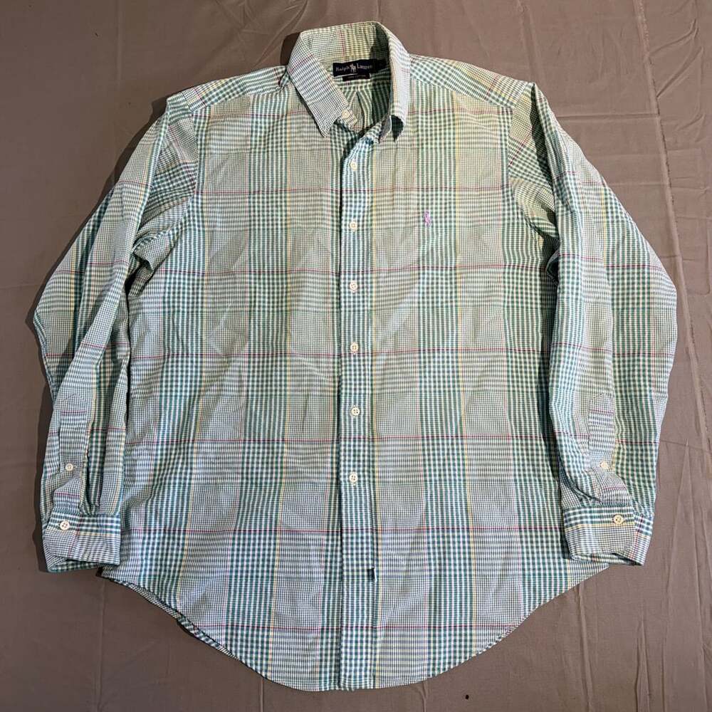 Ralph Lauren Plaid Button Down Shirt Size L Teal Green Cotton Long Sleeve
